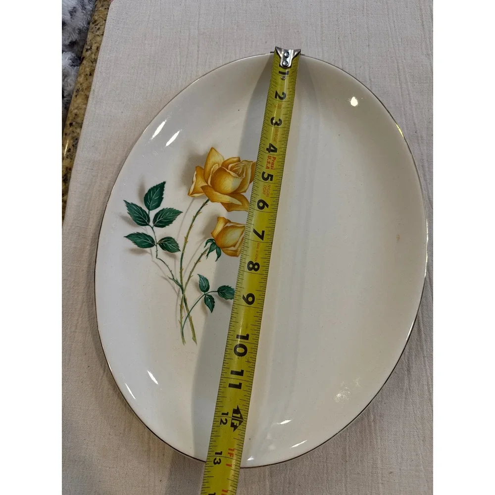 Canonsburg Pottery Simplicity Yellow Rose Oval Serving Platter Gold Trim 13in